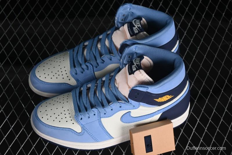 Nike Air Jordan 1 High OG "First in Flight" Basketball Shoes with UNC Blue and Yellow Accents - FD2596-400