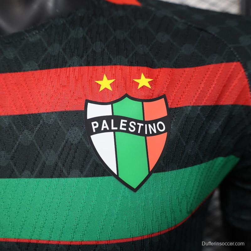 Player Version 25/26 CD Palestino Away Black Jersey with Red-Green Stripes and Bank of Palestine Sponsor