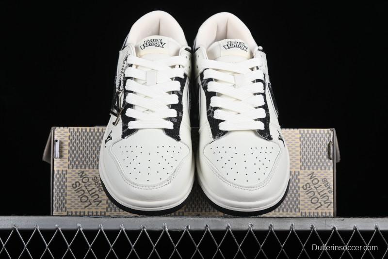 Nike SB Dunk Low LV Collaboration - Beige Black Denim Floral Anniversary High-End Custom Low-Top Casual Skate Shoes - XB3802-358