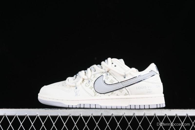 Nike SB Dunk Low LV Collaboration Strap White Grey Check Anniversary High-End Custom Low-Top Casual Skate Shoes - SJ2068-245