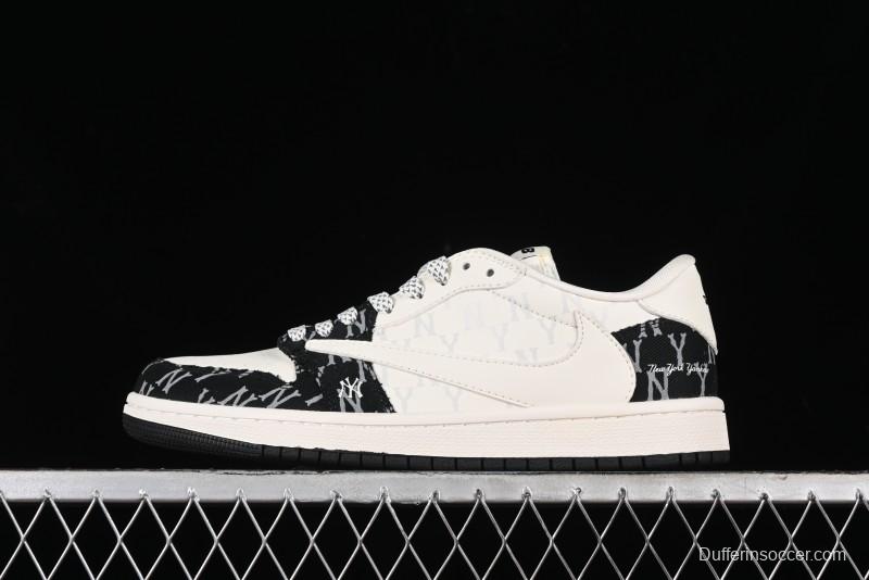 Nike Travis Scott x Fragment Design x Air Jordan 1 Low OG SP AJ1 MLB Collaboration - NY Black Print Low Top Casual Sneakers SJ2068-104
