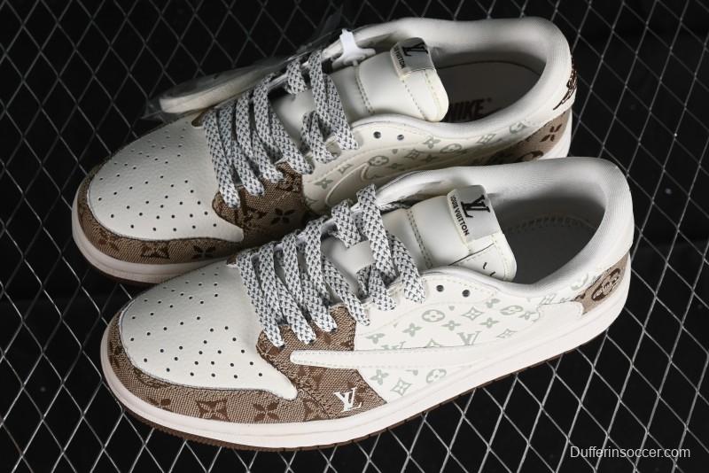 Nike Travis Scott x Fragment Design x Jordan Air Jordan 1 Low OG SP AJ1 LV Light Brown Print Casual Sneakers - SJ2068-102