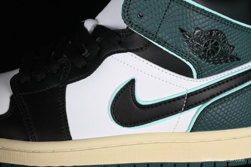 Nike Air Jordan 1 Mid AJ1 Snake Black Green Toe Mid-Top Basketball Shoes - FQ7818-100