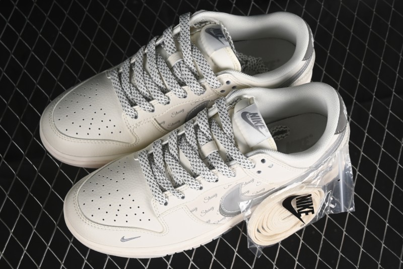 Nike SB Dunk Low Stussy Collaboration - White Grey Double Swoosh Anniversary High-End Custom Low-Top Casual Sneakers - XX2025-206