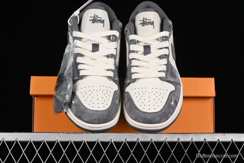 Nike Air Jordan 1 Low AJ1 Stussy Collaboration - Grey Pigskin Custom Low-Top Basketball Shoes - SJ9950-010