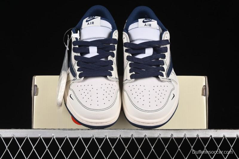 Nike Travis Scott x Fragment Design x Air Jordan 1 Low OG SP AJ1 Supreme Collaboration - Dark Blue Swoosh Low-Top Casual Sneakers - XZ2268-001