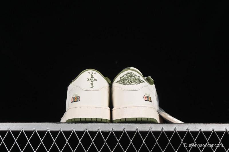 Nike Travis Scott x Fragment Design x Air Jordan 1 Low OG SP AJ1 Retro Sneakers in Off-White & Fresh Green - DM6688-606