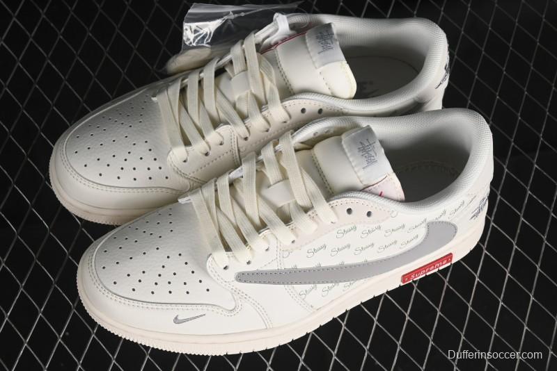 Nike Travis Scott x Fragment Design x Air Jordan 1 Low OG SP AJ1 Retro Sneakers with Reverse Swoosh - SJ2068-115