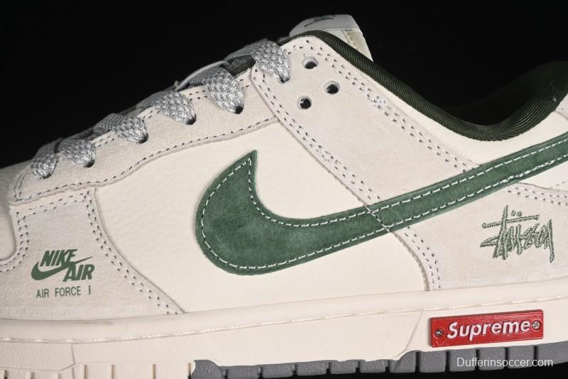 Nike SB Dunk Low Supreme x Stussy Triple Collaboration - Off White Green Swoosh Anniversary Custom Low-Top Casual Sneakers - SJ2068-303
