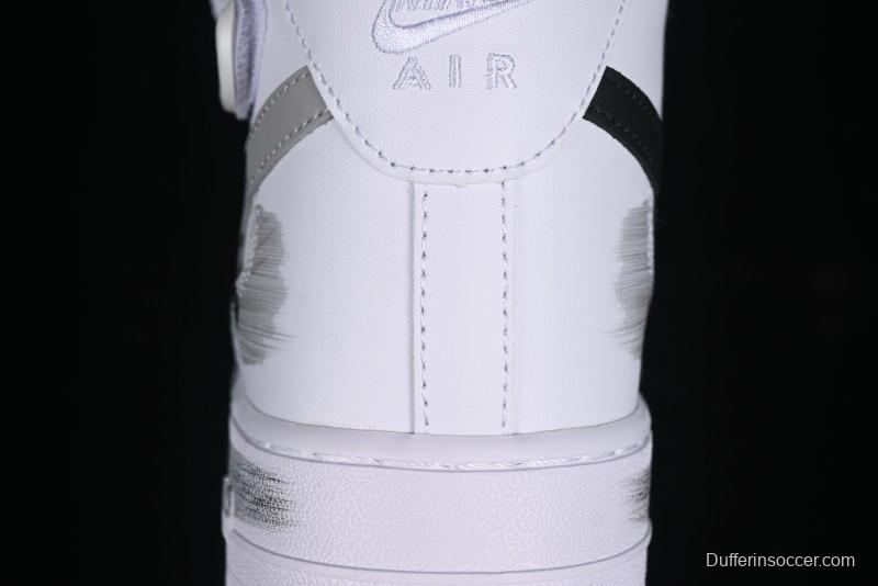 Nike Air Force 1 '07 Mid Casual Sneakers in White/Grey/Black with Hand-Painted Cracked Swoosh Shadow Detail - CW2289-111