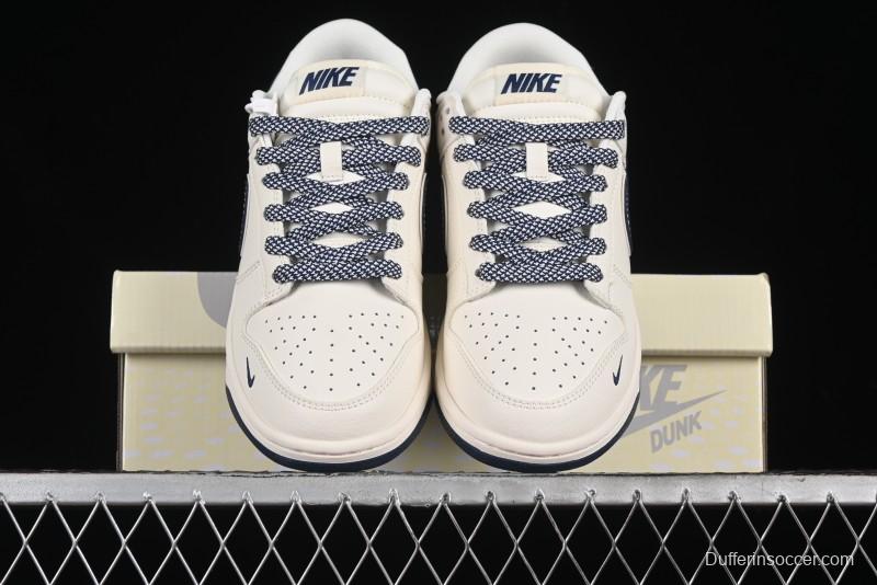 Nike SB Dunk Low Anniversary Premium Custom Low-Top Casual Skate Shoes in Off-White with Navy Blue Swoosh - SJ1089-004