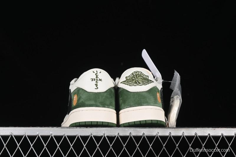 Nike Travis Scott x Fragment Design x Air Jordan 1 Low OG SP AJ1 Bape Collaboration - Jungle Green Low Top Casual Sneakers - XY2688-107