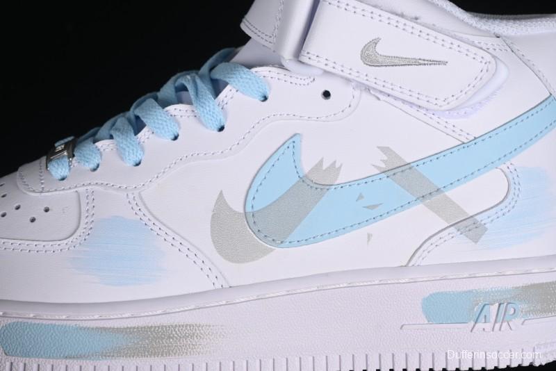 Nike Air Force 1 '07 Mid Light Blue Hand-Painted Cracked Three Stripes Shadow Mid-Top Casual Sneakers - CW2289-111
