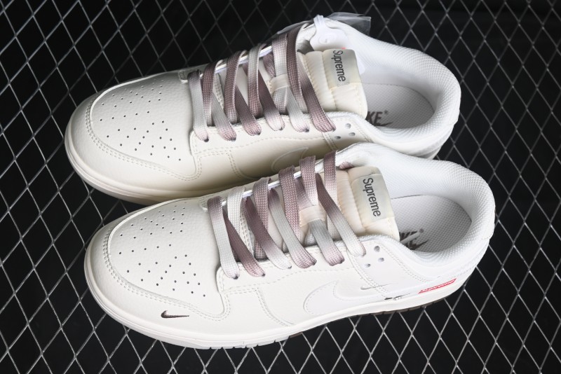 Nike SB Dunk Low Supreme Collaboration - White Brown Split Swoosh Anniversary High-End Custom Low-Top Casual Skate Shoes - BB8675-113