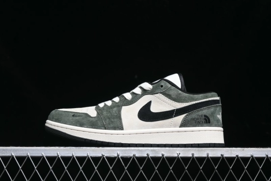 Nike Air Jordan 1 Low AJ1 The North Face Collaboration - Custom Premium Pigskin Dark Green Retro Basketball Shoes - DM9188-004