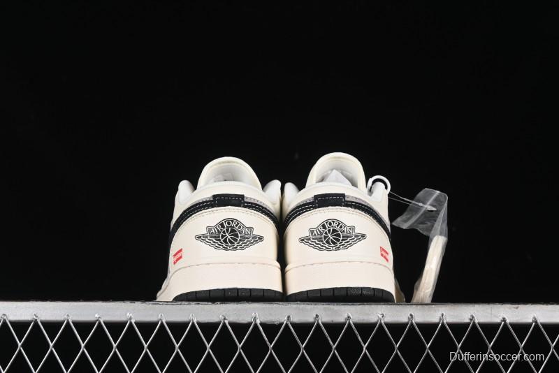 Nike Air Jordan 1 Low Supreme Collaboration - Dual-Tone Black Swoosh Custom Retro Basketball Shoes - SJ9950-043