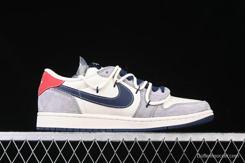 Nike Travis Scott x Fragment Design x Air Jordan 1 Low OG SP AJ1 Stussy Collaboration - Grey Blue Hook Lace Low Top Casual Sneakers - SJ0086-140