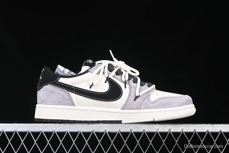 Nike Travis Scott x Fragment Design x Air Jordan 1 Low OG SP AJ1 Stussy Collaboration - Black Hook Dual-Tone Drawstring Low-Top Casual Sneakers - SJ0086-139