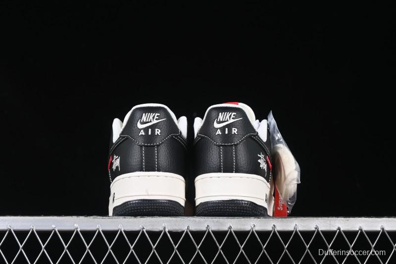 Nike Air Force 1 '07 Low Stussy Supreme Collaboration Dual-Tone Black Red Logo Low-Top Casual Sneakers - HH7518-043