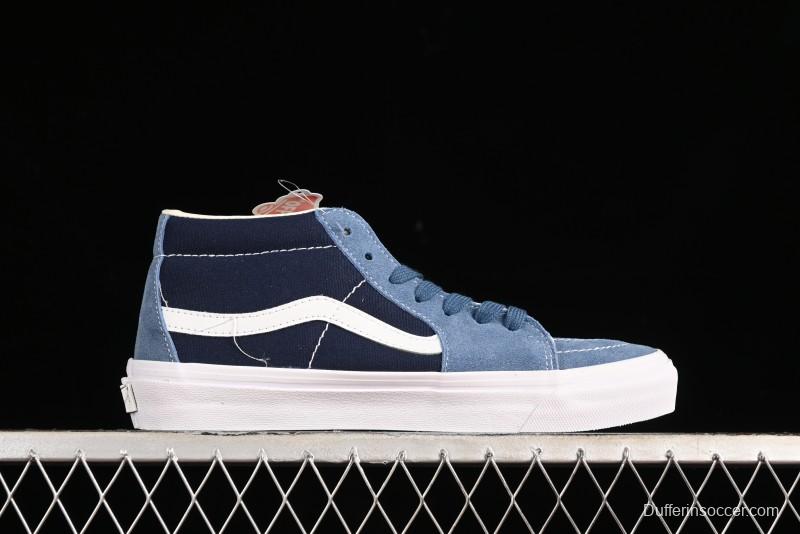 Vans Sk8-Mid Reissue 83 High-End Retro Skate Shoes with Blue Patchwork Suede - VN000CQQDWR