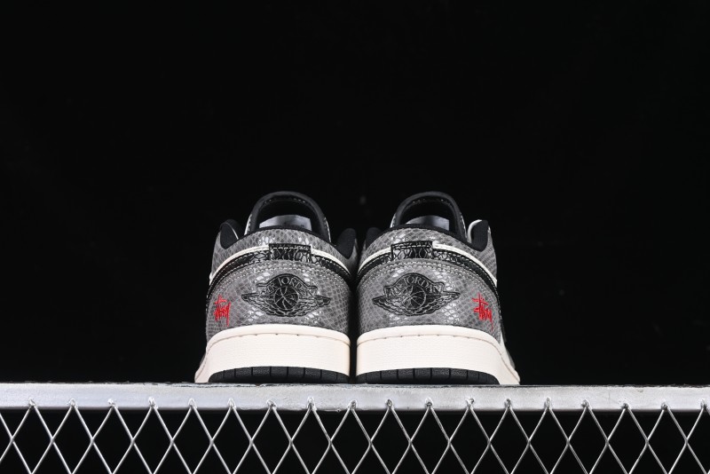 Nike Air Jordan 1 Low Retro Basketball Shoes with Custom Stussy Grey Snake Design - FC1688-202