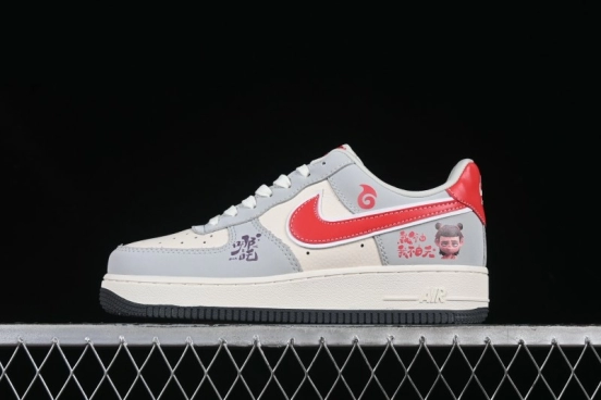 Nike Air Force 1 '07 Low Nezha Collaboration Grey Red Swoosh Casual Sneakers - DF0188-046