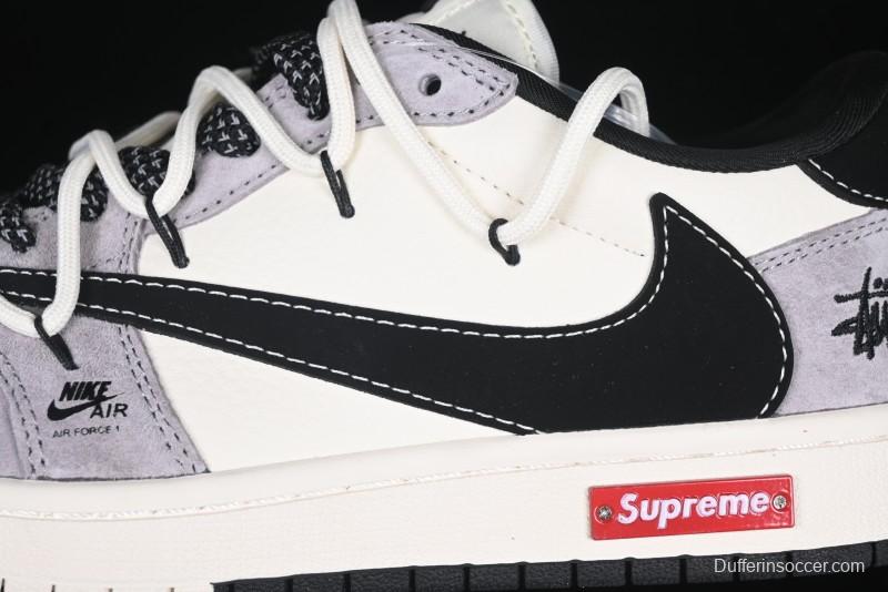 Nike Travis Scott x Fragment Design x Air Jordan 1 Low OG SP AJ1 Stussy Collaboration - Black Hook Dual-Tone Drawstring Low-Top Casual Sneakers - SJ0086-139