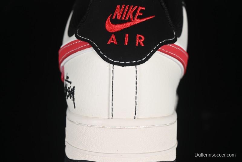 Nike Air Force 1 '07 Low Stussy Collaboration Black Stitch Red Swoosh Casual Sneakers - XS1958-518