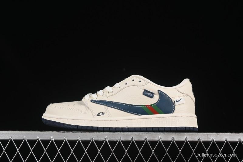 Nike Travis Scott x Fragment Design x Air Jordan 1 Low OG SP AJ1 Gucci Collaboration Green Red Stripe Swoosh Low-top Casual Sneakers - XS2024-027