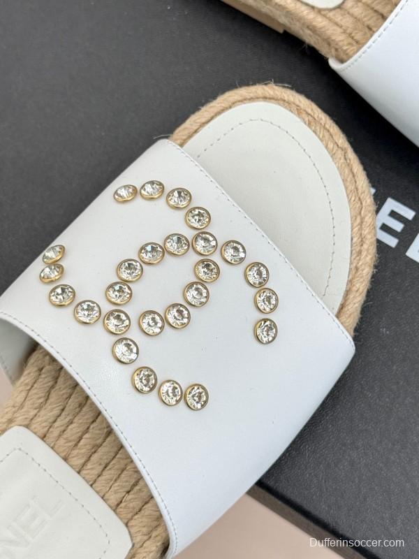 2025 Women Chanel White Leather Slippers Rhinestone KFY00230