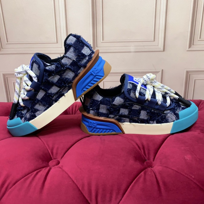 2025 Unisex Dolce & Gabbana Blue White Brown Denim Leather Sneakers