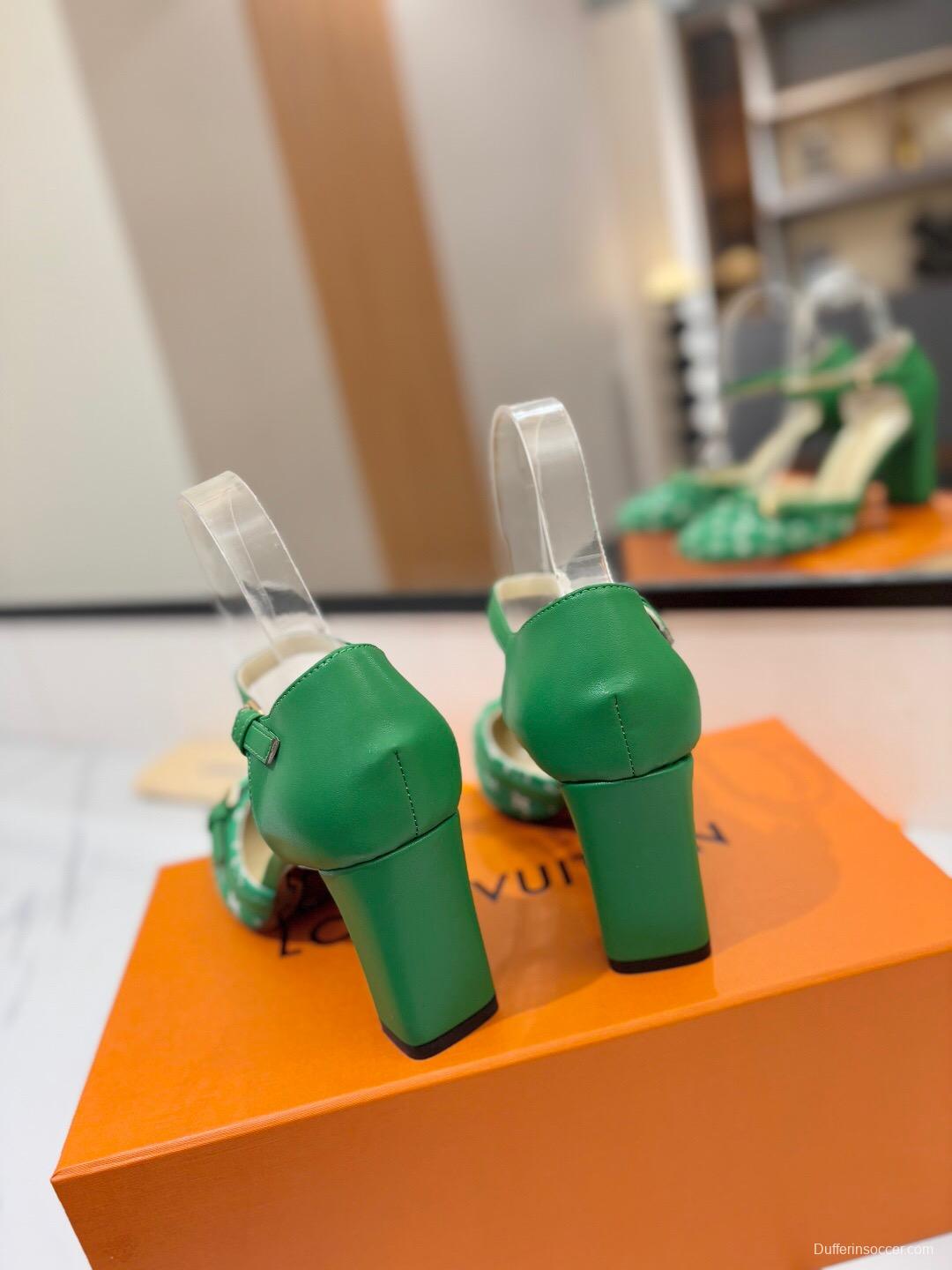 2025 Women Louis Vuitton Green White Denim Pumps LV Buckle KFY00310