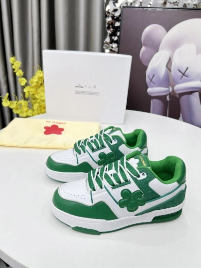 2025 Unisex WEFLOWER Green White Leather Sneakers LY00280