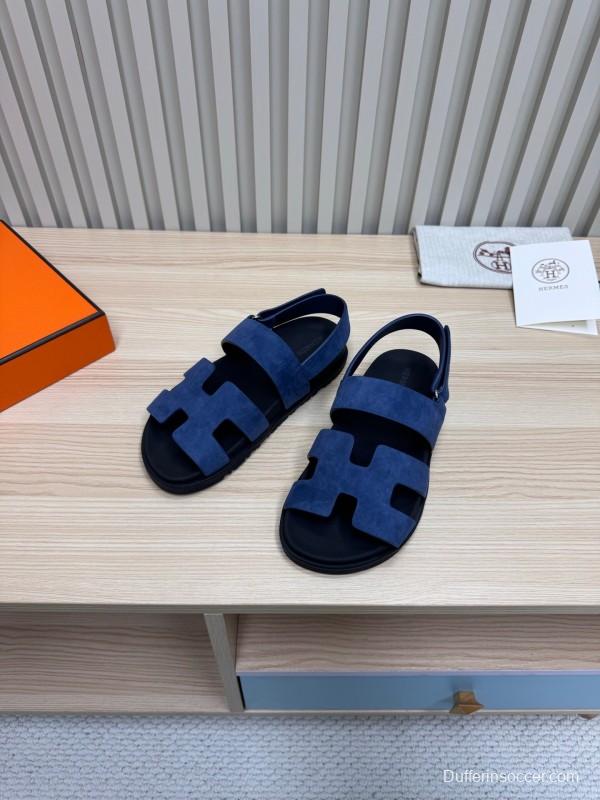 2025 Women Hermès Navy Suede Leather Sandals