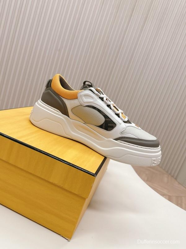 2025 Women Fendi White Grey Yellow Leather Mesh Sneakers