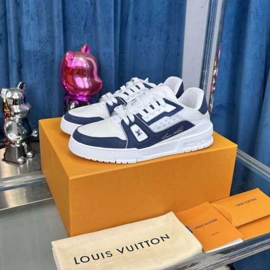 2025 Unisex Louis Vuitton White Navy Leather Sneakers