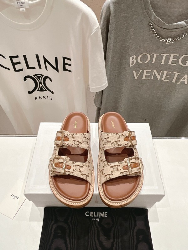 2025 Women Celine Beige Canvas Vintage Style Double Buckle Sandals Handcrafted Unisex LY00360(F)