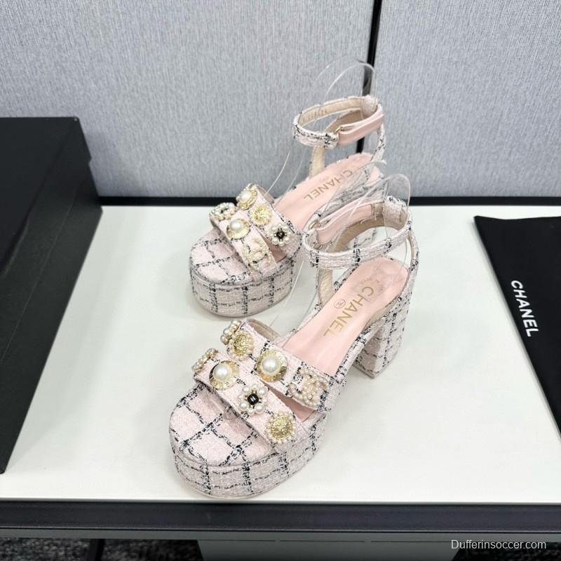 2025 Women Chanel Pink Black Wool Platform Sandals MJ00310