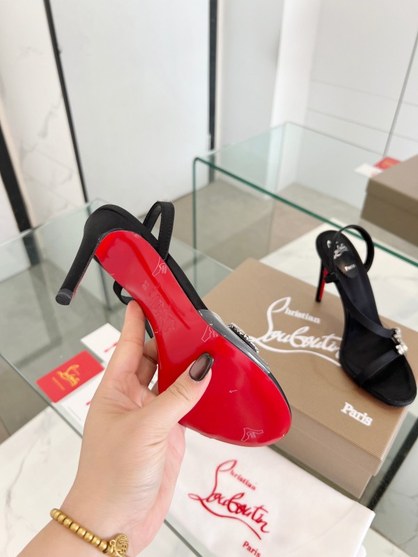 2025 Women ChristianLouboutin Black Satin High Heel Sandals Crystal Embellishment LY00300