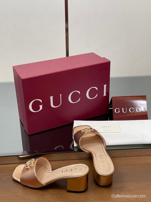 2025 Women Gucci Pink Leather Sandals GG Crystal Buckle LY00280