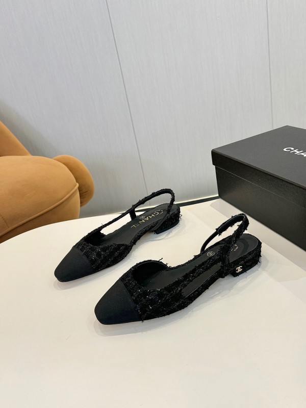 2025 Women Chanel Black Leather Tweed Ballet Flats LY00240