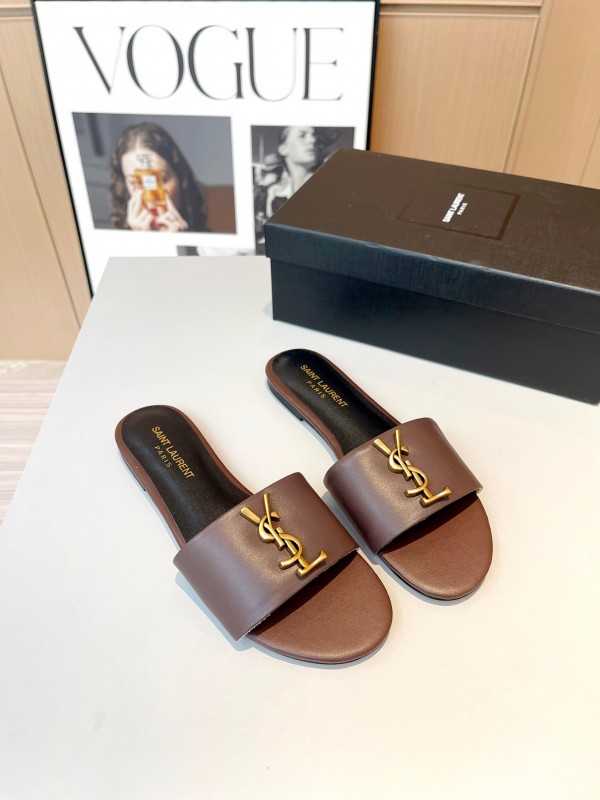 2025 Women Yves Saint Laurent Brown Leather Slippers LY00180