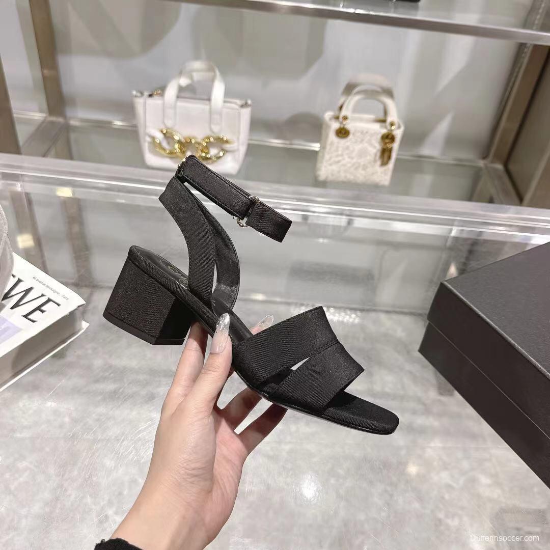 2025 Women Chanel Black Fabric Leather Sandals LY00280