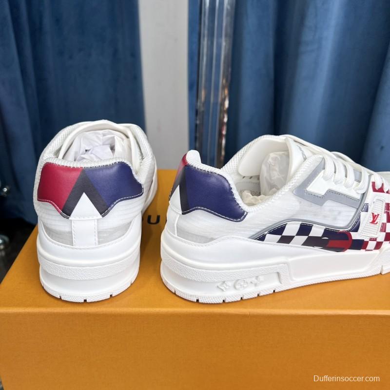 2025 Unisex Louis Vuitton White Red Blue Leather LV Trainer