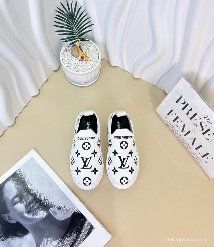 2024 Kids Louis Vuitton White Black Pink Canvas Slip-On Sneakers
