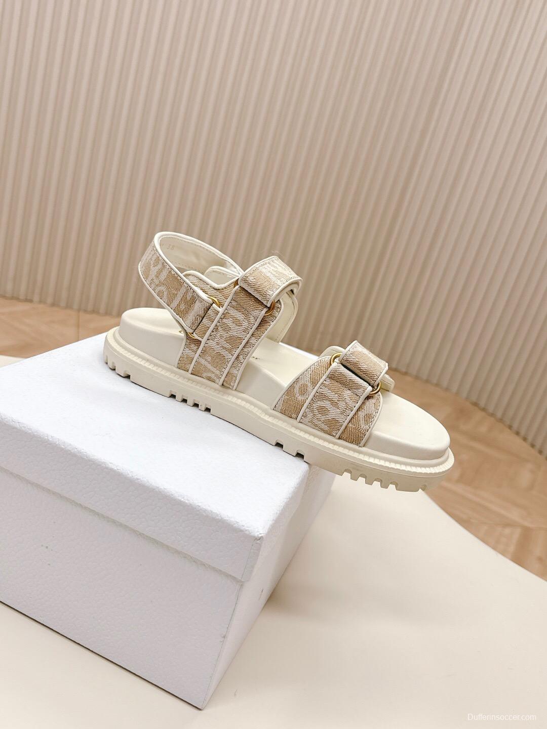 2025 Women Dior Beige Canvas Sandals Magic Tape LY