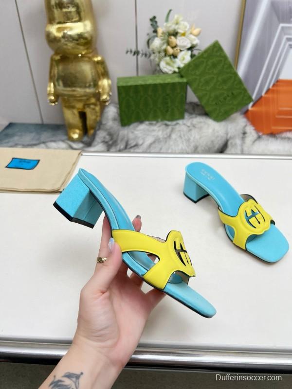 2025 Gucci Blue Yellow Leather Slippers