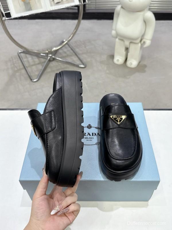 2025 Women Prada Black Leather Loafers