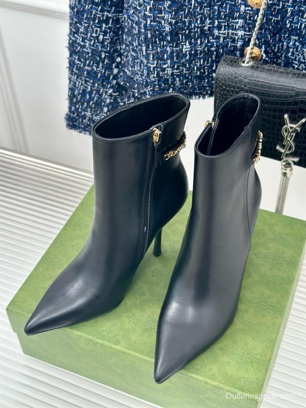 2024 Women Gucci Black Calfskin Leather Ankle Boots Chain MJ00410