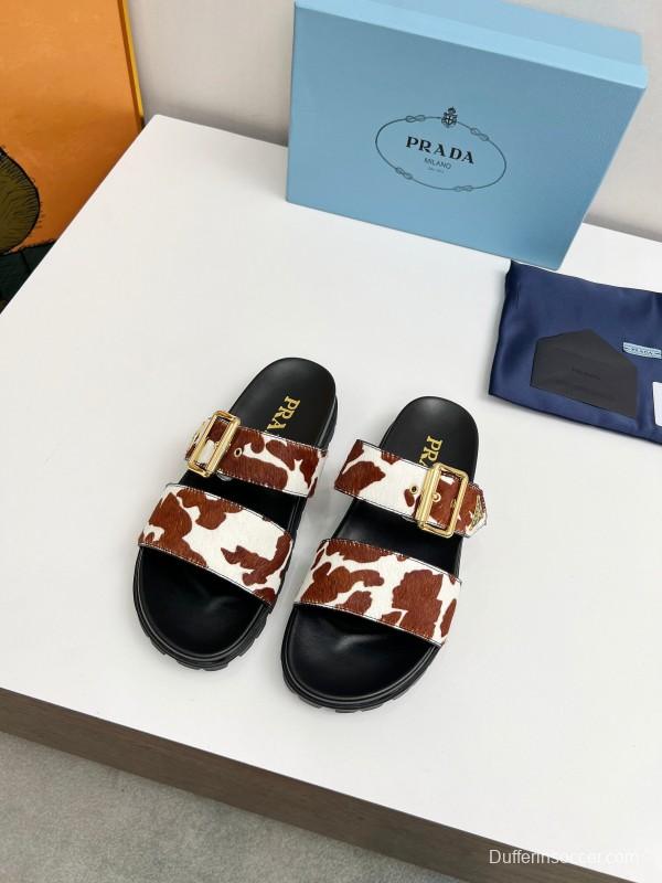 2025 Slippers Prada Brown White Leather Cow Print LY00260